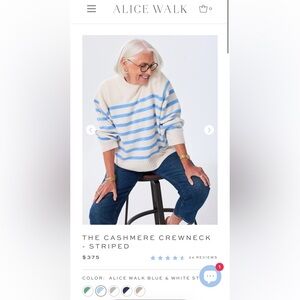 Alice Walk Blue and White Striped Cashmere Crewneck Sweater size small